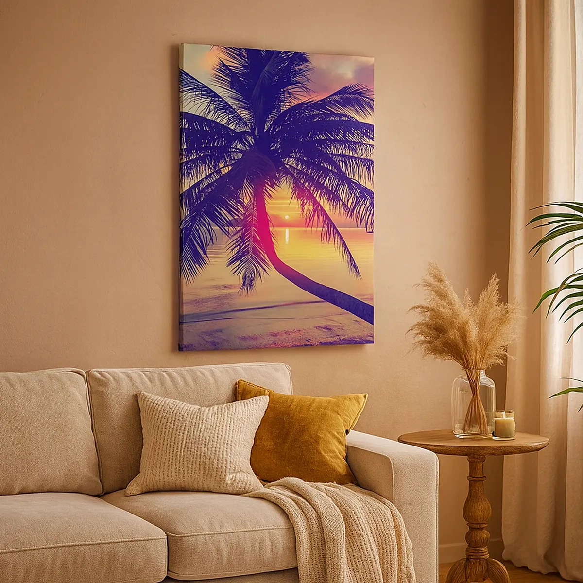 Bild auf Leinwand - Leinwandbild - Sonnenuntergang mit einer Palme über einem ruhigen Ufer - 50x70cm - Abend unter Palmen - Moderne Wanddekoration für Wohnzimmer und Schlafzimmer ARTTOR