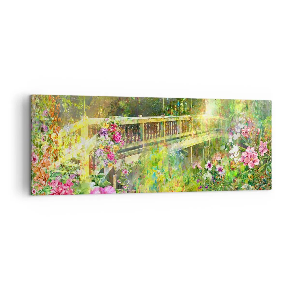 Bild auf Leinwand - Leinwandbild - Eine Brücke umgeben von üppiger Vegetation und Blumen - 140x50cm - Eine Brücke aus Frühlingsseufzern - Moderne Wanddekoration für Wohnzimmer und Schlafzimmer ARTTOR