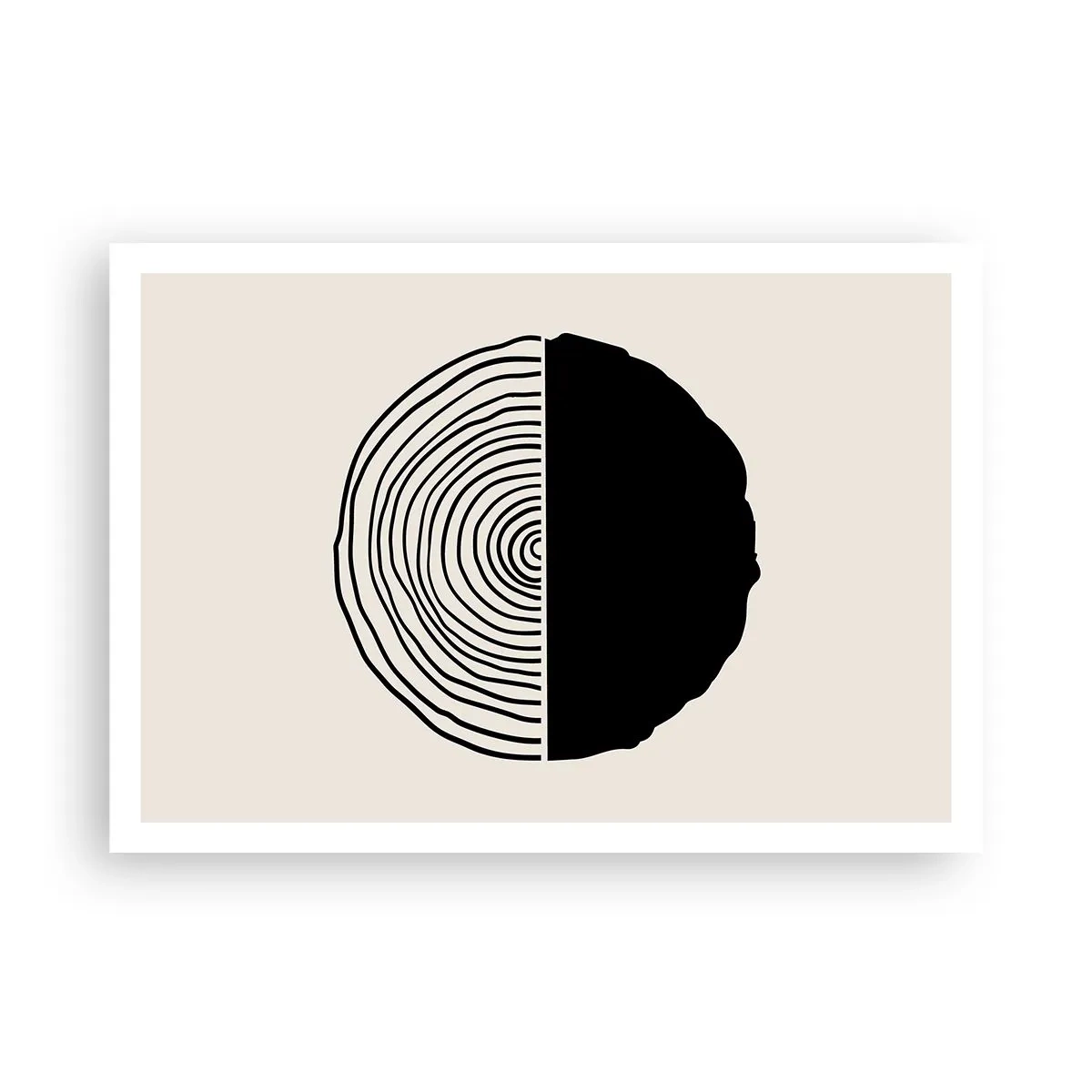 Poster - Ein abstraktes Schwarz-Weiß-Motiv, inspiriert von einem Holzquerschnitt mit geometrischer Unterteilung. - 100x70cm - Halb und halb - Moderne Wanddekoration für Wohnzimmer und Schlafzimmer ARTTOR