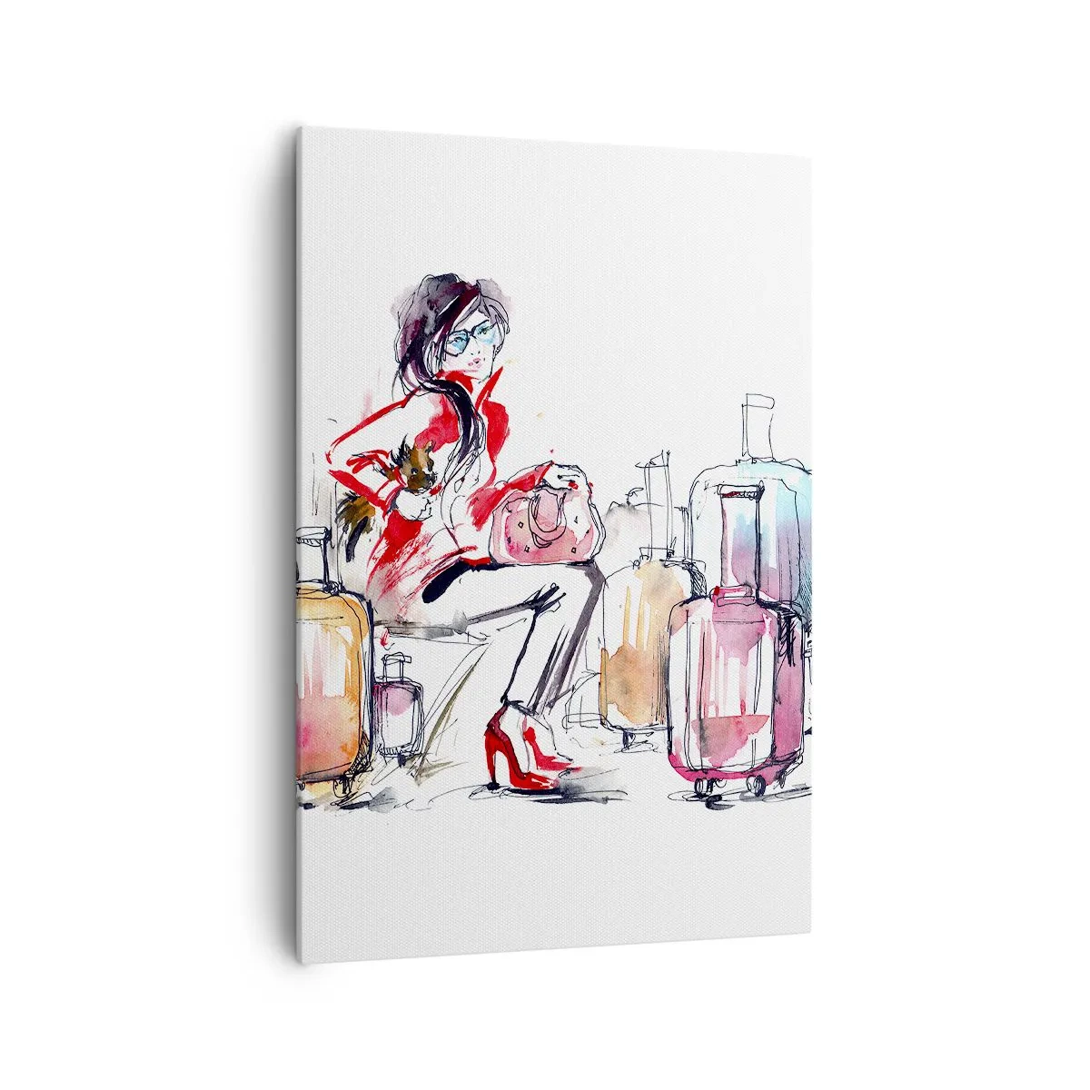 Bild auf Leinwand - Leinwandbild - Eine Frau mit Koffern in einer dynamischen Aquarellillustration - 70x100cm - Setzen wir uns vor der Reise hin - Moderne Wanddekoration für Wohnzimmer und Schlafzimmer ARTTOR