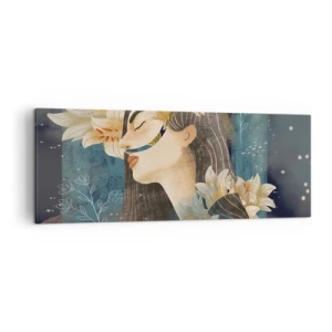 Bild auf Leinwand - Leinwandbild - Porträt einer Frau mit Blumen im künstlerischen Stil auf dunklem Hintergrund - 140x50cm - Ein Märchen über eine Prinzessin mit Lilien - Moderne Wanddekoration für Wohnzimmer und Schlafzimmer ARTTOR