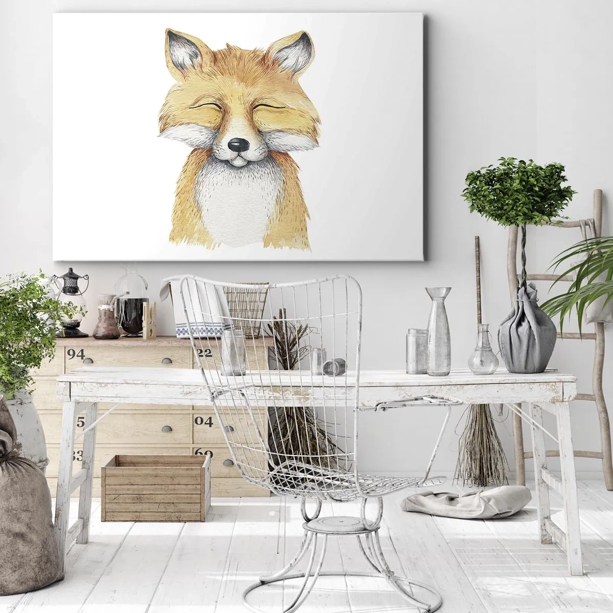 Bild auf Leinwand - Leinwandbild - Ein Aquarellfuchs mit einem Lächeln im minimalistischen Stil - 100x70cm - Fuchsstimmungen - Moderne Wanddekoration für Wohnzimmer und Schlafzimmer ARTTOR