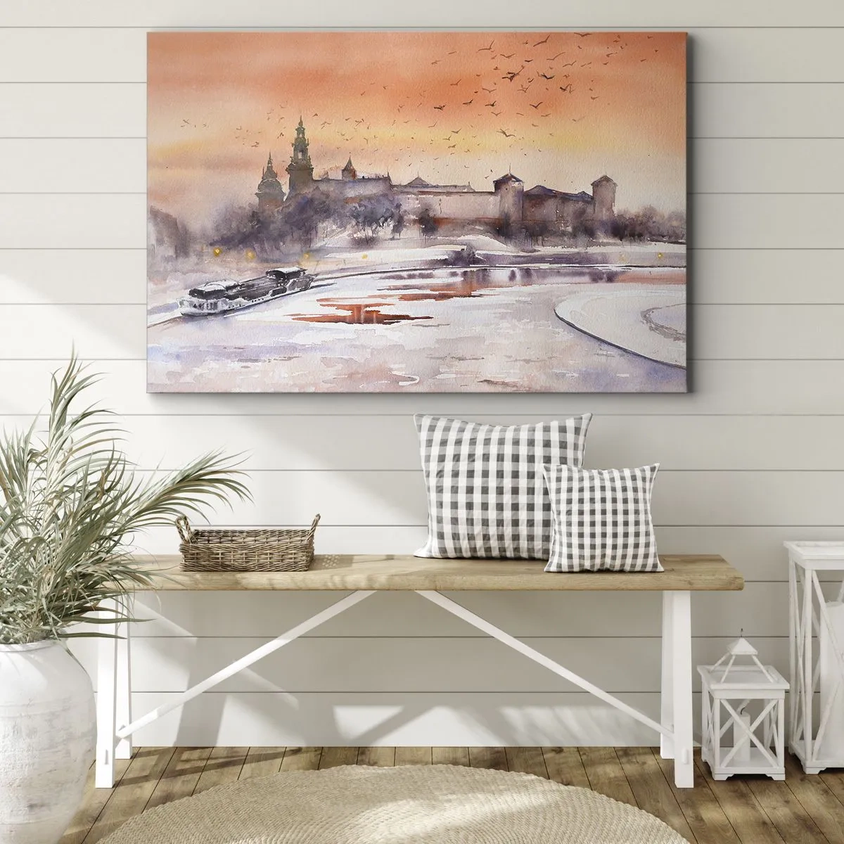 Bild auf Leinwand - Leinwandbild - Sonnenuntergang über dem Schloss in einer Winterlandschaft - 120x80cm - Königlicher Sonnenuntergang - Moderne Wanddekoration für Wohnzimmer und Schlafzimmer ARTTOR