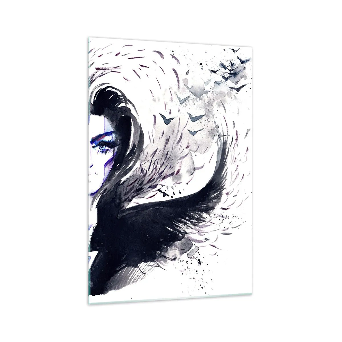 Glasbild - Bild auf glas - Abstraktes Gesicht mit kontrastierenden Elementen und einem Flügelmotiv - 70x100cm - Dämonisch und schön - Moderne Wanddekoration für Wohnzimmer und Schlafzimmer ARTTOR