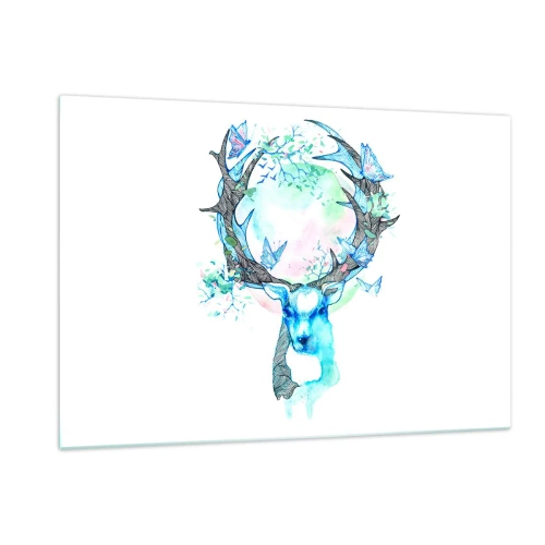 Glasbild - Bild auf glas - Illustration eines Hirsches mit Schmetterlingen auf seinem Geweih - 120x80cm - Die Kraft und Feinheit der Natur - Moderne Wanddekoration für Wohnzimmer und Schlafzimmer ARTTOR