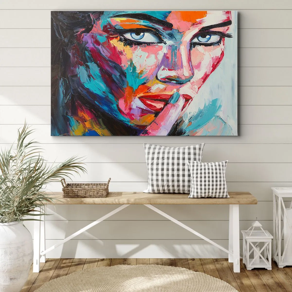 Bild auf Leinwand - Leinwandbild - Farbenfrohes Porträt einer Frau im abstrakten Stil - 120x80cm - Unser erstes Geheimnis - Moderne Wanddekoration für Wohnzimmer und Schlafzimmer ARTTOR