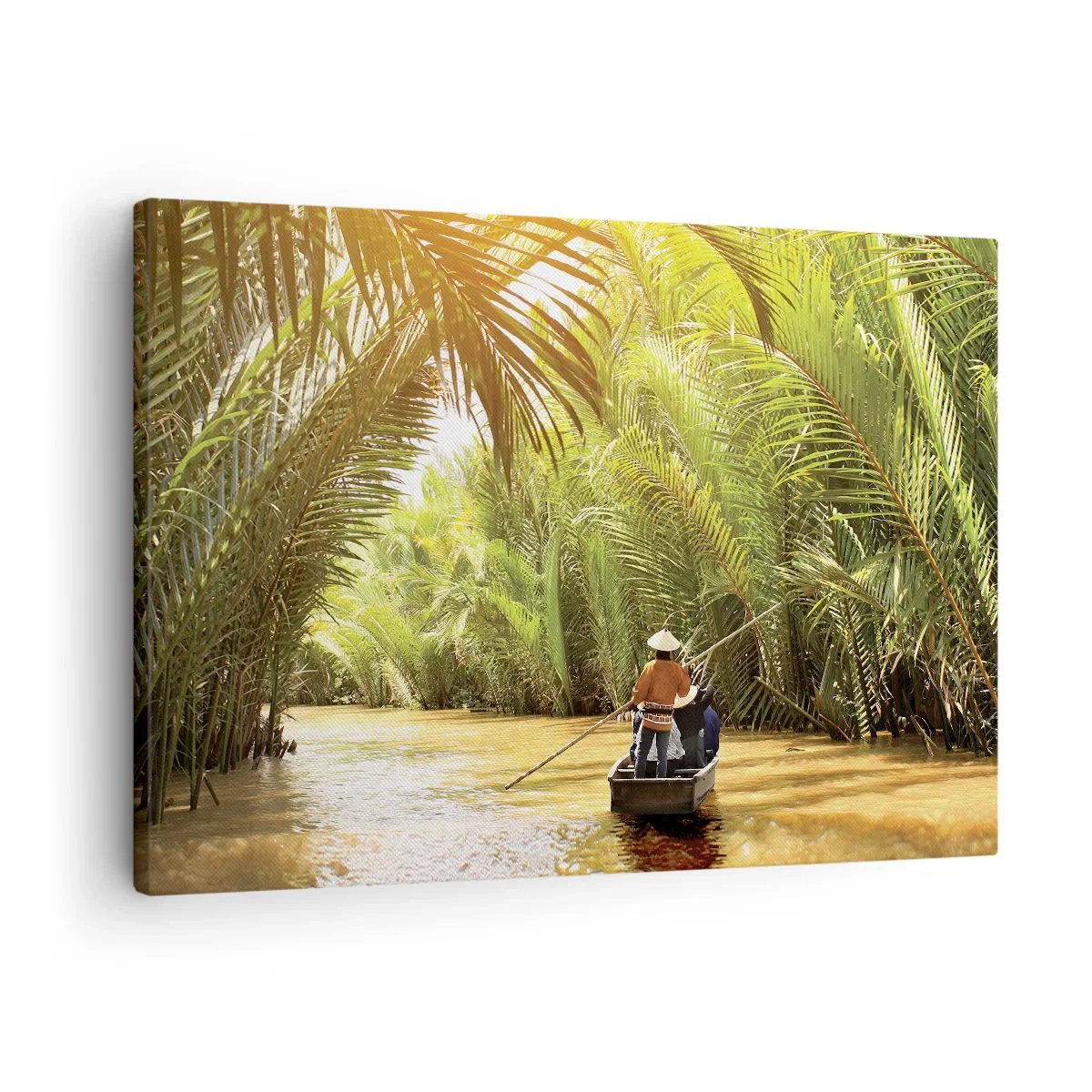 Bild auf Leinwand - Leinwandbild - Ein Boot auf einem Fluss, umgeben von tropischer Vegetation - 70x50cm - Eine Palmenschlucht entlang - Moderne Wanddekoration für Wohnzimmer und Schlafzimmer ARTTOR