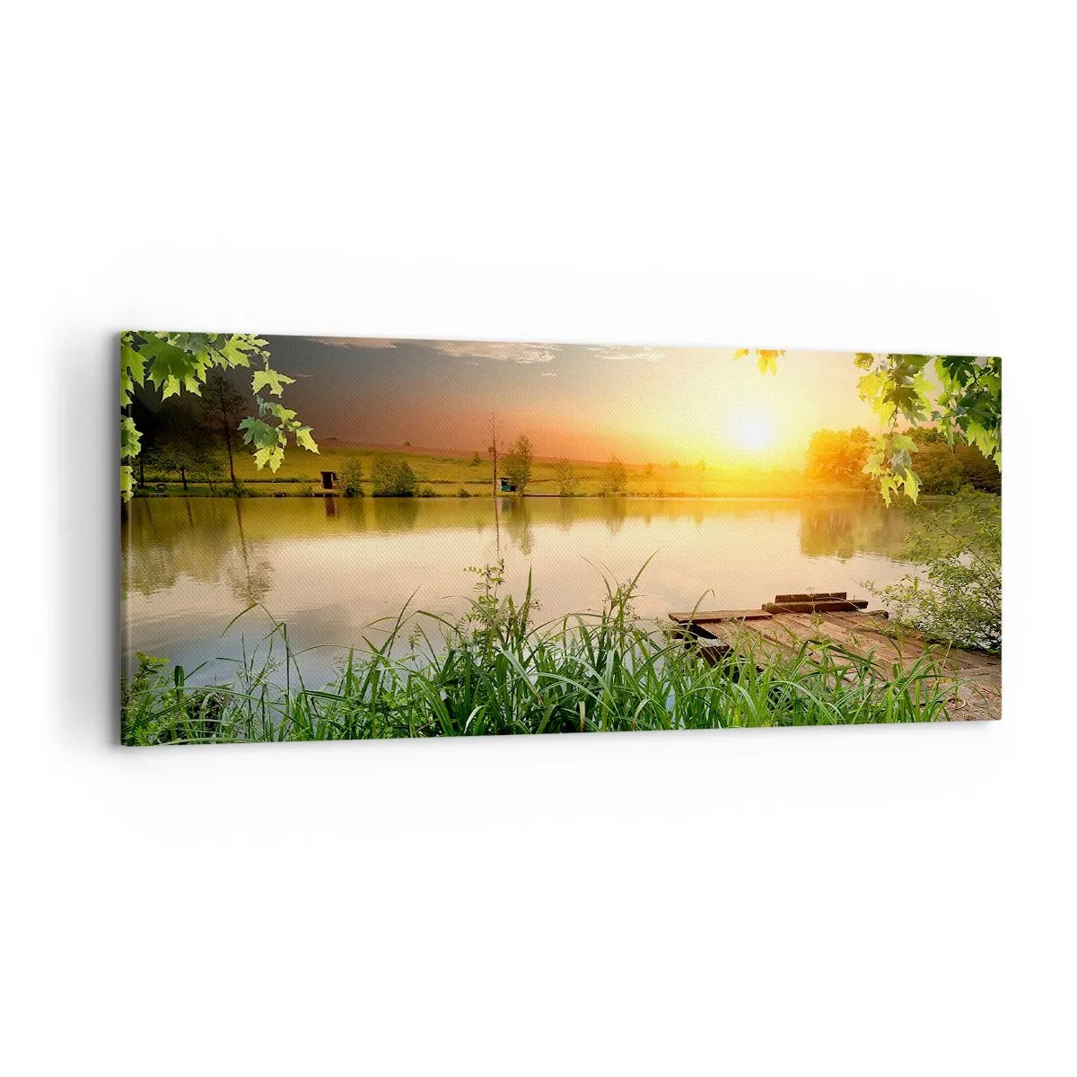 Bild auf Leinwand - Leinwandbild - Grüne Landschaft mit einem See bei Sonnenuntergang - 120x50cm - Landschaft in einem grünen Rahmen - Moderne Wanddekoration für Wohnzimmer und Schlafzimmer ARTTOR