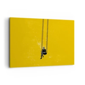 Bild auf Leinwand - Leinwandbild - Eine Person auf einer Schaukel vor einem intensiv gelben Hintergrund - 100x70cm - Tag wie jeder andere - Moderne Wanddekoration für Wohnzimmer und Schlafzimmer ARTTOR