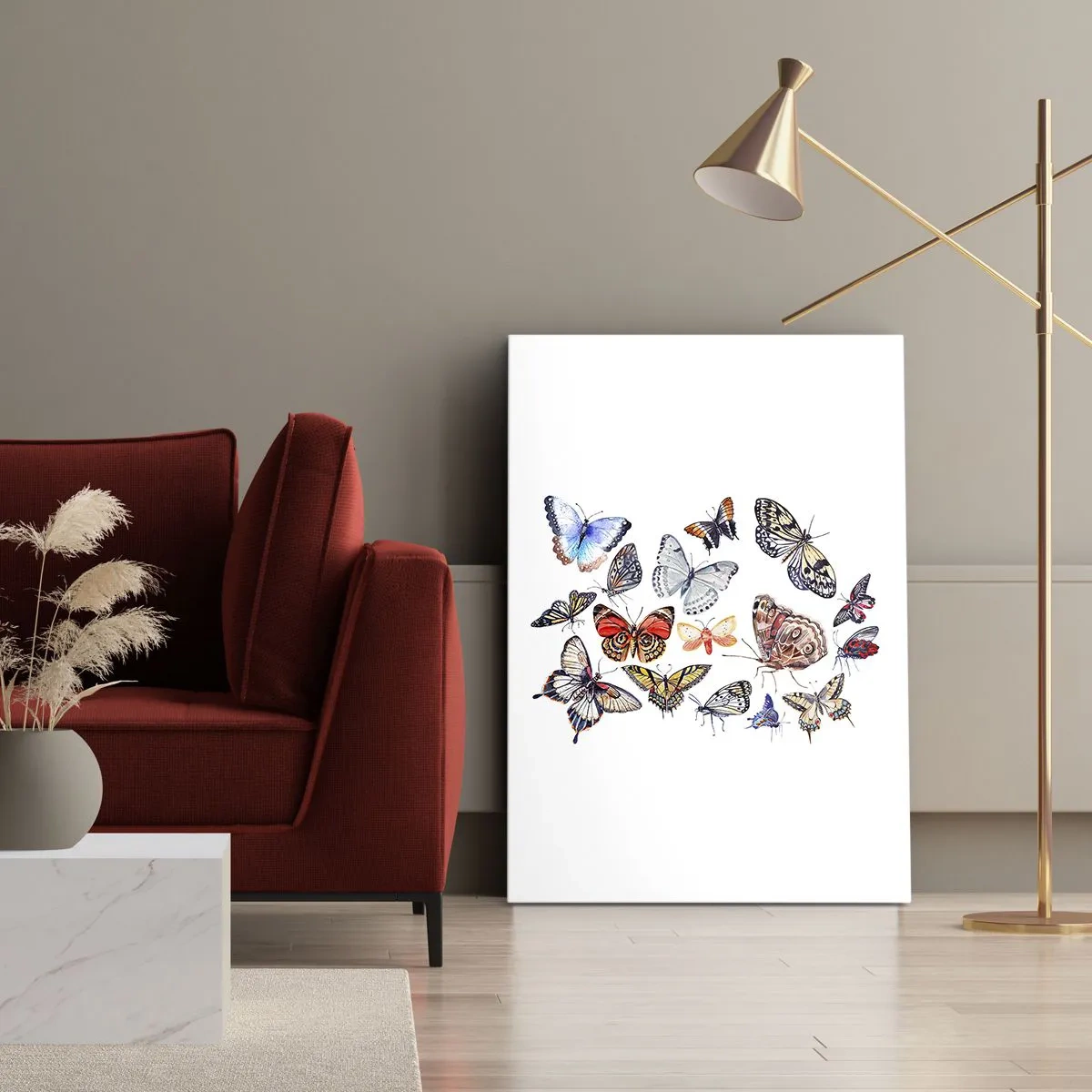 Bild auf Leinwand - Leinwandbild - Bunte Schmetterlinge auf weißem Hintergrund - 70x100cm - Spitzen, bunter Schwarm - Moderne Wanddekoration für Wohnzimmer und Schlafzimmer ARTTOR