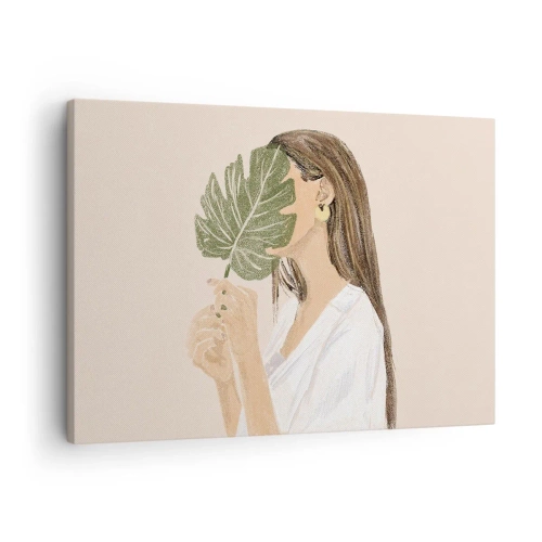 Bild auf Leinwand - Leinwandbild - Porträt einer Frau mit einem Monstera-Blatt auf beigem Hintergrund - 70x50cm - Geheimnisvolles Porträt mit Fächer - Moderne Wanddekoration für Wohnzimmer und Schlafzimmer ARTTOR