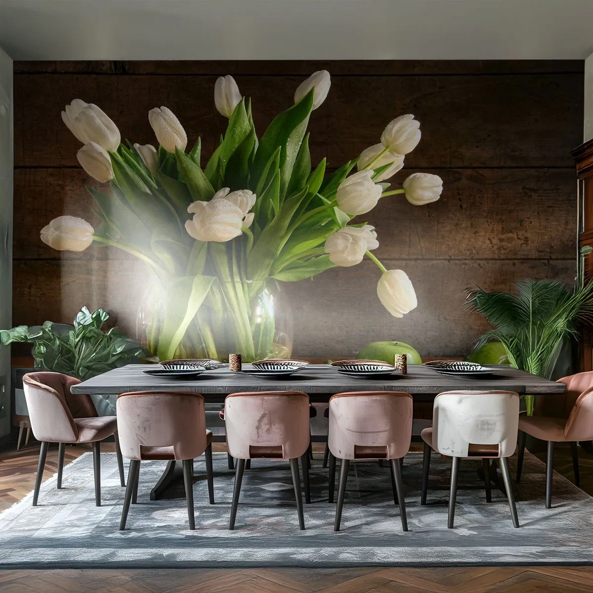 Maßgeschneiderte Fototapete Standard Eco - Saftig und frisch in Grün und Weiß - Blumen, Tulpen, Blumenstrauß