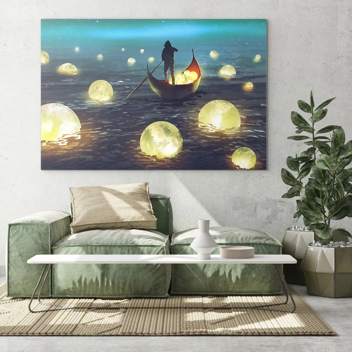 Glasbild - Bild auf glas - Ein Boot mit Laternen auf dem Wasser in einer surrealen Landschaft - 120x80cm - Dinge, von denen Philosophen nie geträumt haben - Moderne Wanddekoration für Wohnzimmer und Schlafzimmer ARTTOR