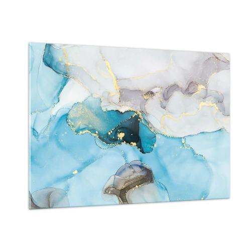 Glasbild - Bild auf glas - Türkis- und graue Wellen mit goldenen Akzenten - 100x70cm - Eine Studie über das Zusammentreffen von Grau und Türkis - Moderne Wanddekoration für Wohnzimmer und Schlafzimmer ARTTOR
