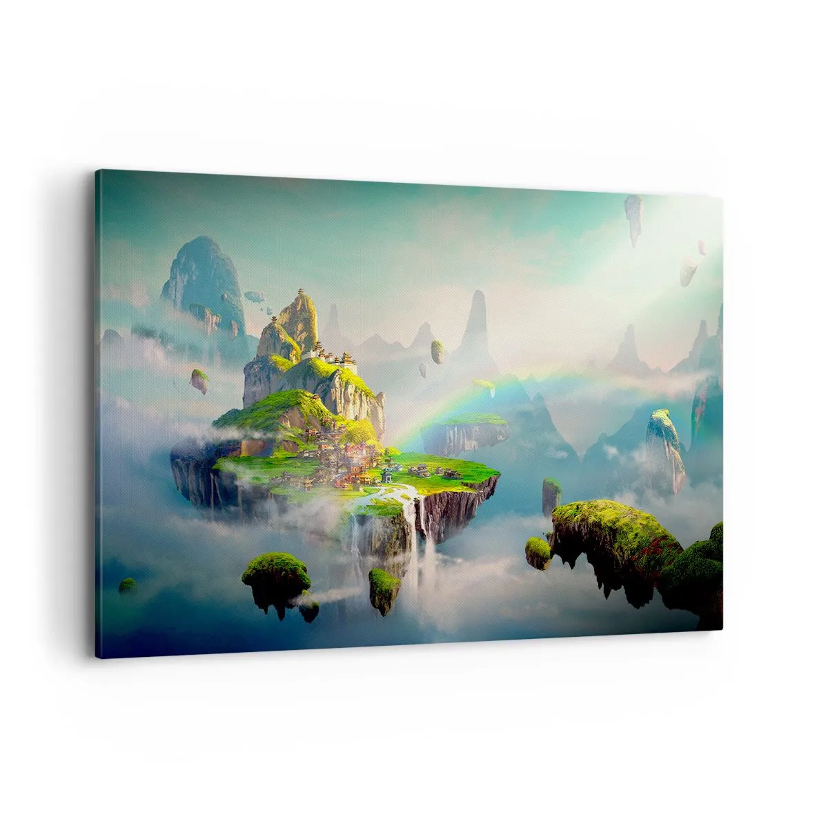 Bild auf Leinwand - Leinwandbild - Fliegende Inseln zwischen den Wolken mit einem Regenbogen am Horizont - 100x70cm - Mitten am Himmel - glückliche Inseln - Moderne Wanddekoration für Wohnzimmer und Schlafzimmer ARTTOR