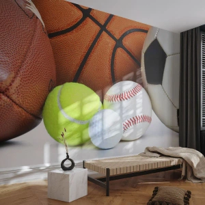 Fototapete Premium Sand - Set aus verschiedenen Sportbällen auf weißem Hintergrund - 100x70cm - Fußball verbindet uns! - Moderne Wanddekoration für Wohnzimmer und Schlafzimmer ARTTOR