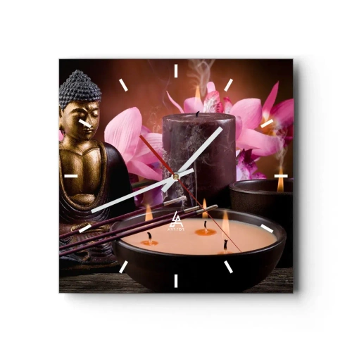 Wanduhr - Glasuhr - Buddha-Figur mit brennenden Kerzen und Räucherstäbchen - 30x30cm - Den Geist frei machen, den Körper beruhigen - Moderne Wanddekoration für Wohnzimmer und Schlafzimmer ARTTOR