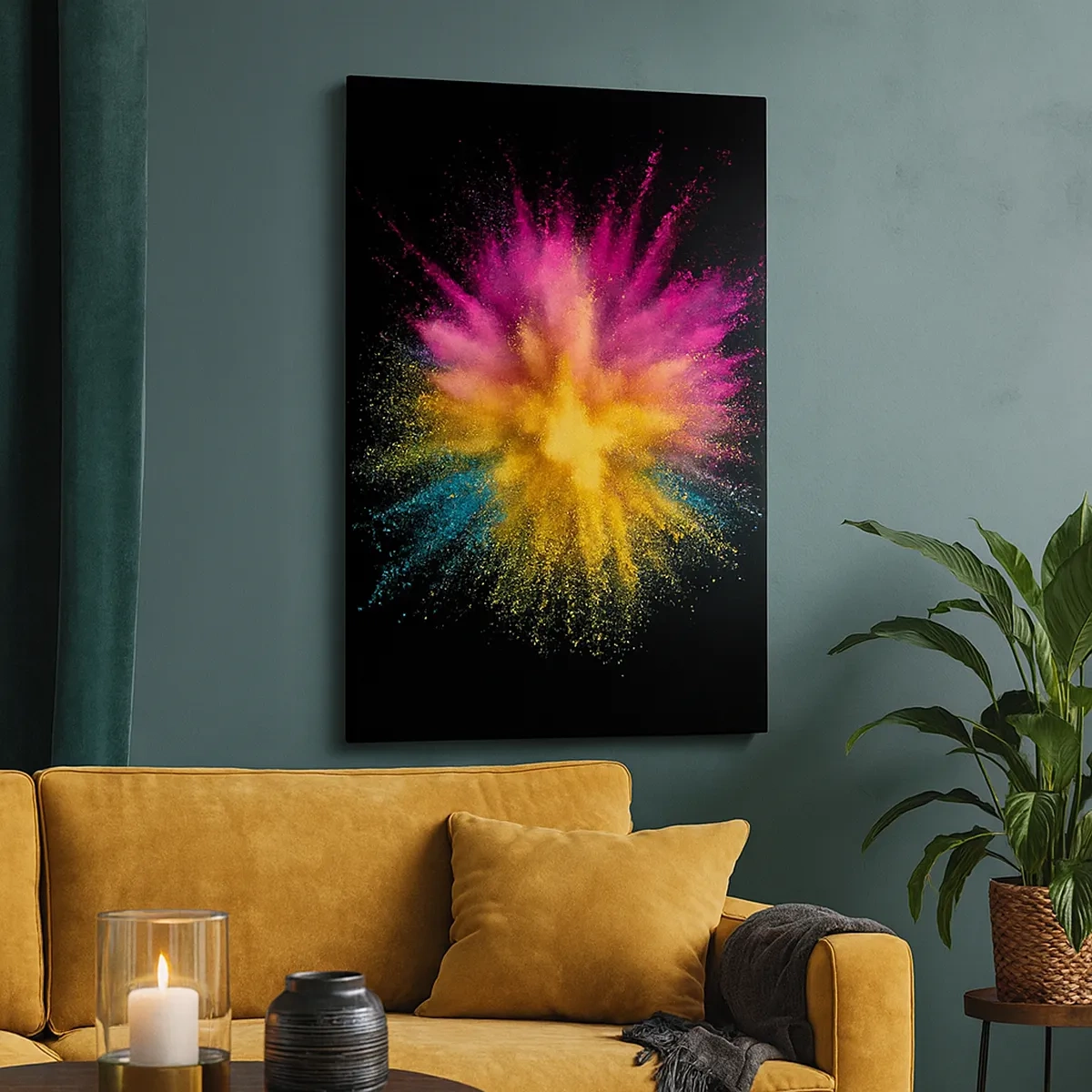 Bild auf Leinwand - Leinwandbild - Bunte Pulverexplosion auf schwarzem Hintergrund - 50x70cm - Die Geburt der Farben - Moderne Wanddekoration für Wohnzimmer und Schlafzimmer ARTTOR