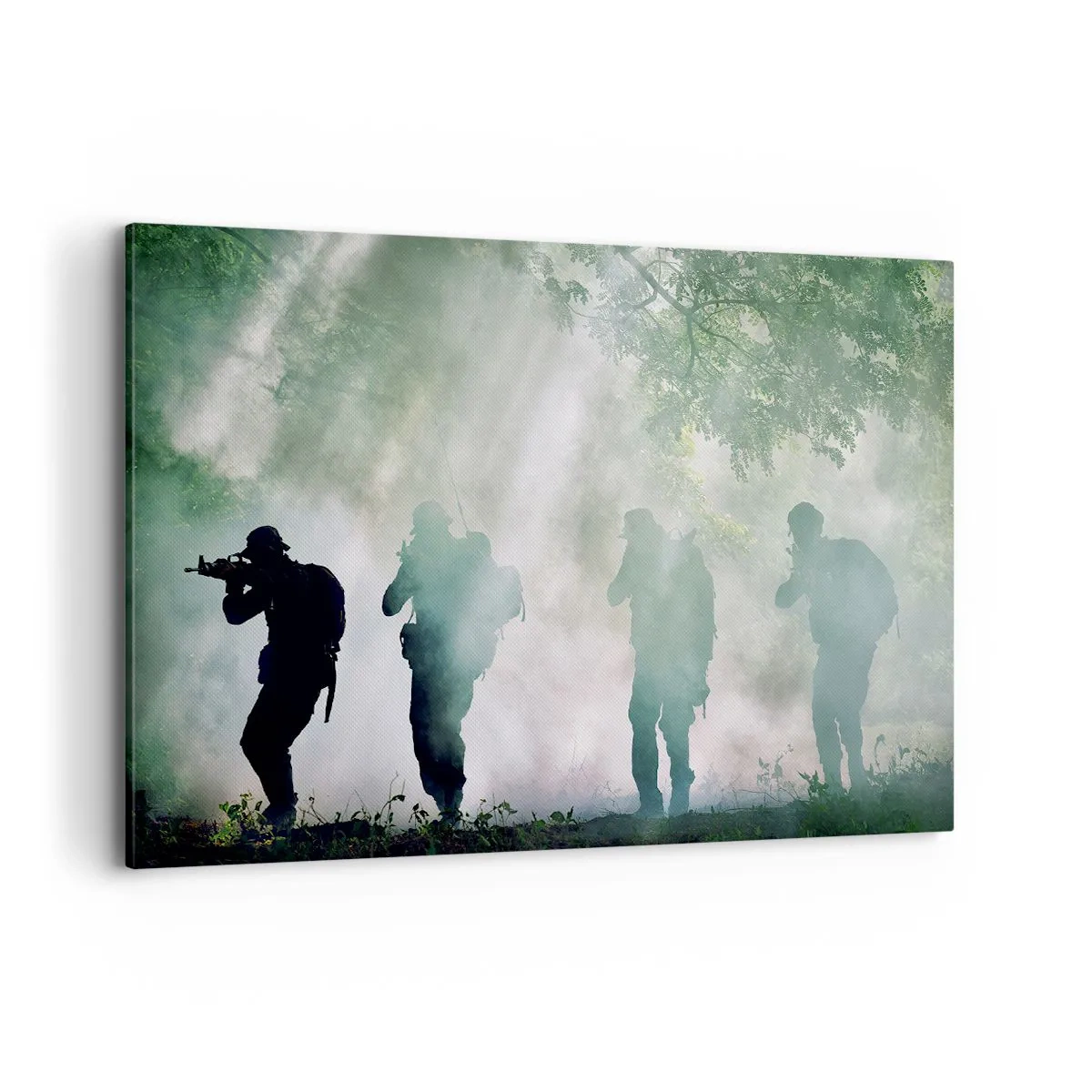 Bild auf Leinwand - Leinwandbild - Silhouetten von Soldaten in einem Wald, umgeben von Nebel - 120x80cm - Einer für alle… - Moderne Wanddekoration für Wohnzimmer und Schlafzimmer ARTTOR
