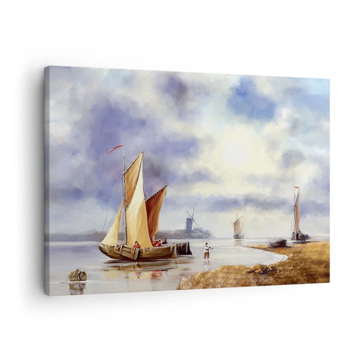 Bild auf Leinwand - Leinwandbild - Segelboote auf ruhigem Wasser mit Windmühlen im Hintergrund - 70x50cm - Die Rückkehr der Seeleute - Moderne Wanddekoration für Wohnzimmer und Schlafzimmer ARTTOR