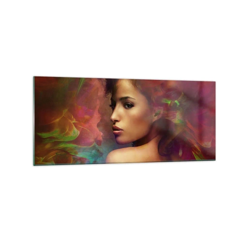 Glasbild - Bild auf glas - Eine Frau mit bunten Reflexionen, die einen abstrakten Hintergrund erzeugen - 120x50cm - Schöner als ein Regenbogen, so zart wie ein Nebel - Moderne Wanddekoration für Wohnzimmer und Schlafzimmer ARTTOR