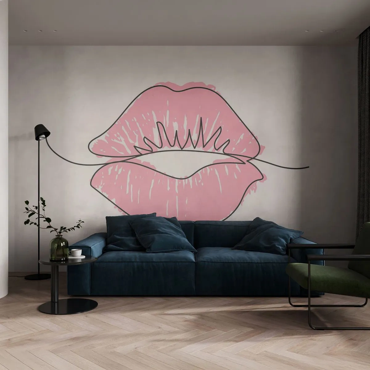 Fototapete Premium Sand - Minimalistische Zeichnung von rosa Lippen - 100x70cm - Bereit zum Küssen? - Moderne Wanddekoration für Wohnzimmer und Schlafzimmer ARTTOR