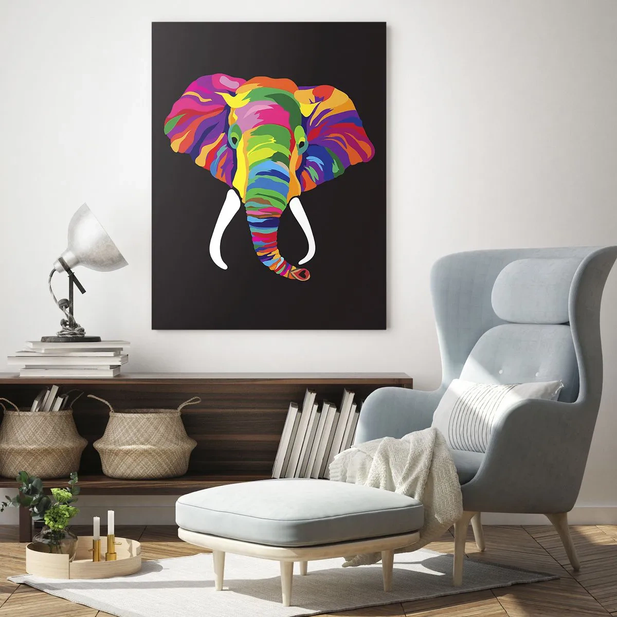 Glasbild - Bild auf glas - Ein bunter Elefant auf schwarzem Hintergrund im künstlerischen Stil - 50x70cm - Der Elefant, der es liebte, im Regenbogen zu baden - Moderne Wanddekoration für Wohnzimmer und Schlafzimmer ARTTOR