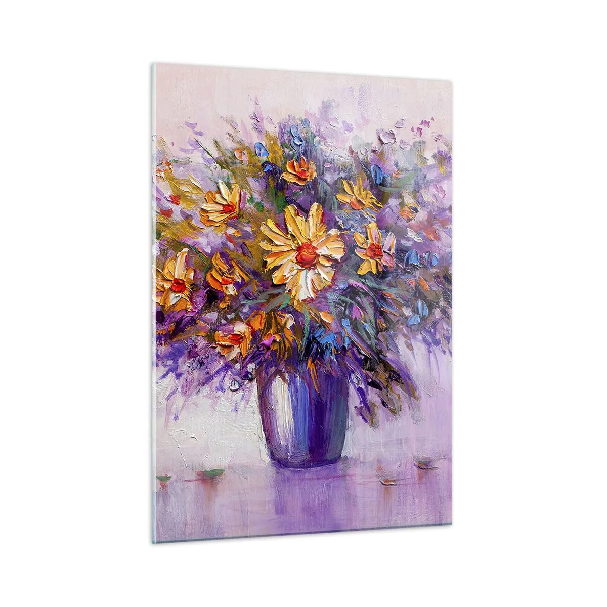 Glasbild - Bild auf glas - Ein Strauß bunter Blumen in einer Vase auf pastellfarbenem Hintergrund - 50x70cm - Es riecht süß, sieht süß aus - Moderne Wanddekoration für Wohnzimmer und Schlafzimmer ARTTOR