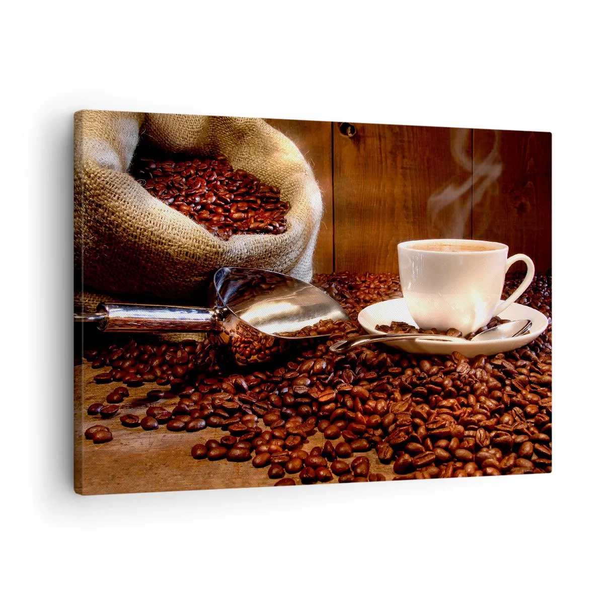Bild auf Leinwand - Leinwandbild - Eine Tasse Kaffee mit Kaffeebohnen und einem Getreidesack im Hintergrund - 70x50cm - Fühlst du diesen Geruch? - Moderne Wanddekoration für Wohnzimmer und Schlafzimmer ARTTOR