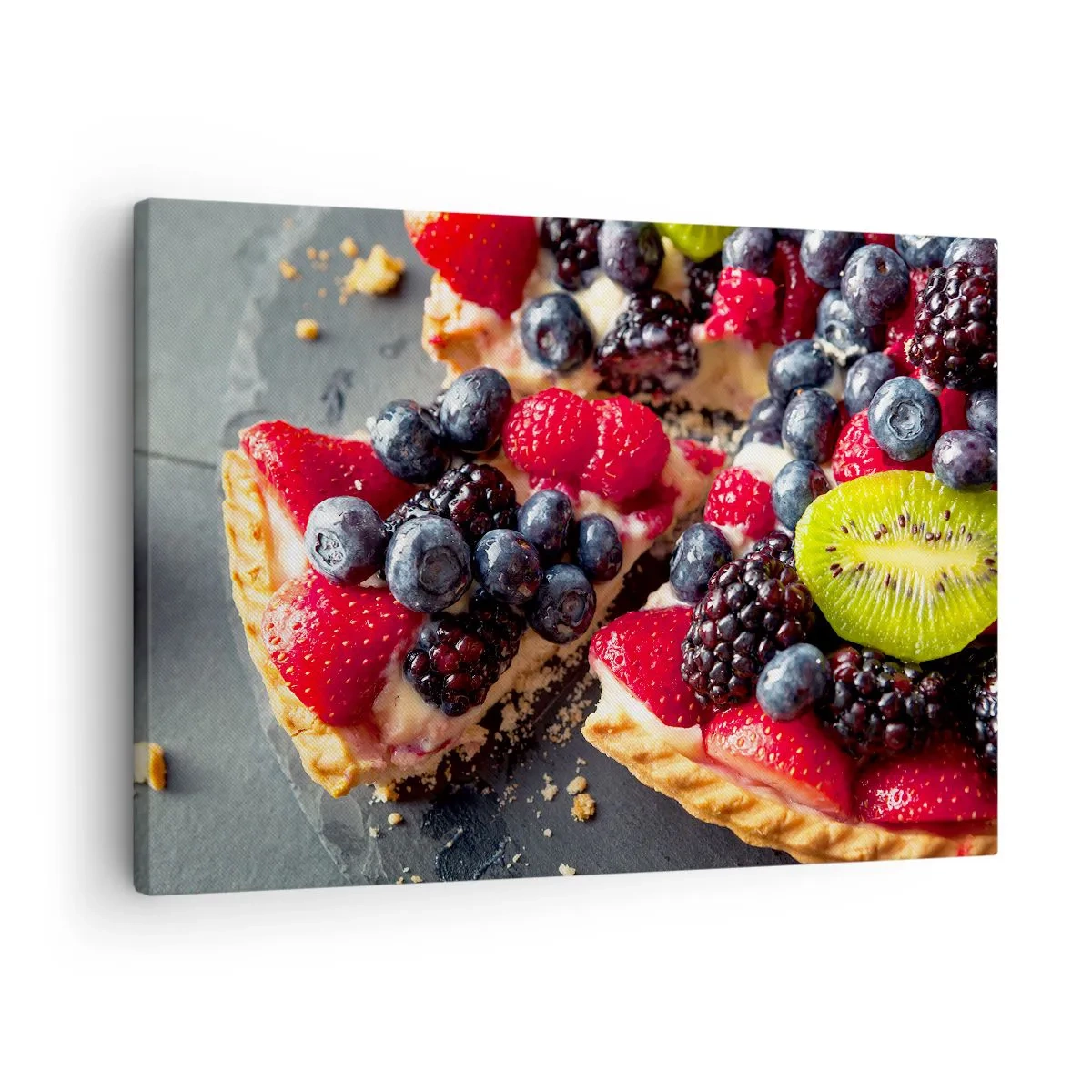 Bild auf Leinwand - Leinwandbild - Bunte Tarte mit Früchten und Sahne - 70x50cm - Dolce Vita! - Moderne Wanddekoration für Wohnzimmer und Schlafzimmer ARTTOR