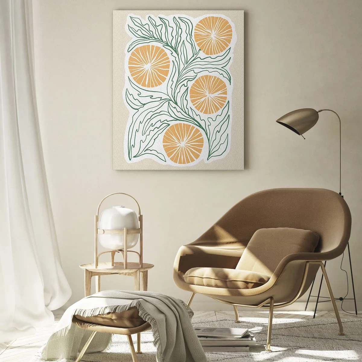 Glasbild - Bild auf glas - Orangefarbene Früchte und grüne Blätter in einer grafischen Komposition - 50x70cm - Ethnisch mit einem Hauch von Abstraktion - Moderne Wanddekoration für Wohnzimmer und Schlafzimmer ARTTOR