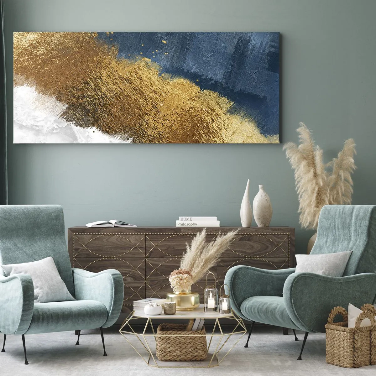 Bild auf Leinwand - Leinwandbild - Eine abstrakte Komposition in Gold-, Blau- und Weißtönen. - 160x50cm - Farben des Sommers - Moderne Wanddekoration für Wohnzimmer und Schlafzimmer ARTTOR
