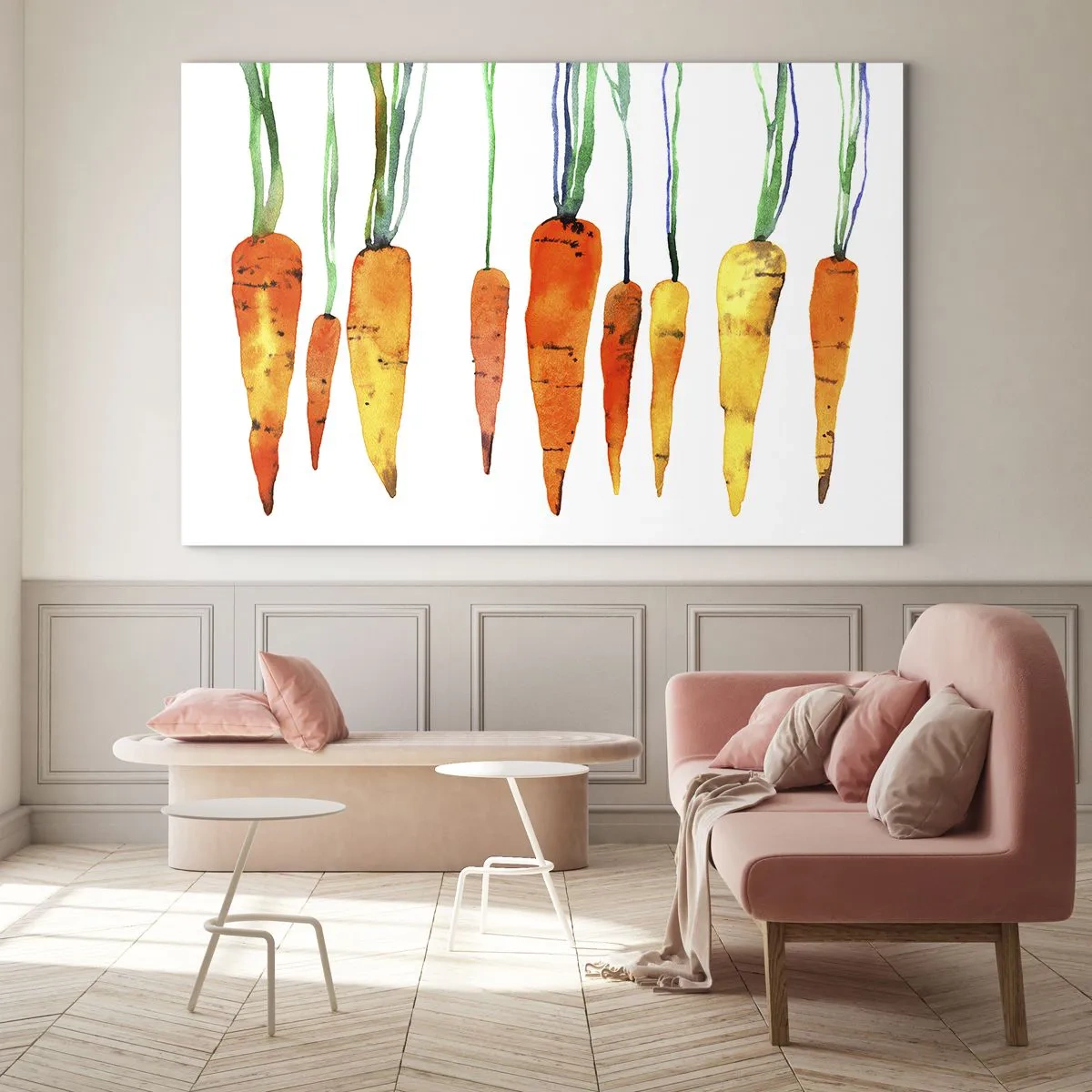 Glasbild - Bild auf glas - Aquarell-Karotten in verschiedenen Orangetönen mit grünen Stielen - 70x50cm - Die Schönheit des Gewöhnlichen - Moderne Wanddekoration für Wohnzimmer und Schlafzimmer ARTTOR