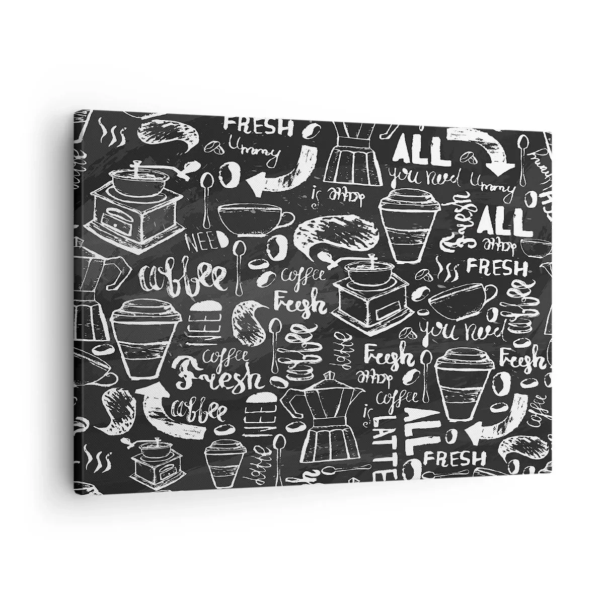Bild auf Leinwand - Leinwandbild - Stilvolle Kaffeegrafik auf schwarzem Hintergrund - 70x50cm - Alles was Sie brauchen ist… - Moderne Wanddekoration für Wohnzimmer und Schlafzimmer ARTTOR