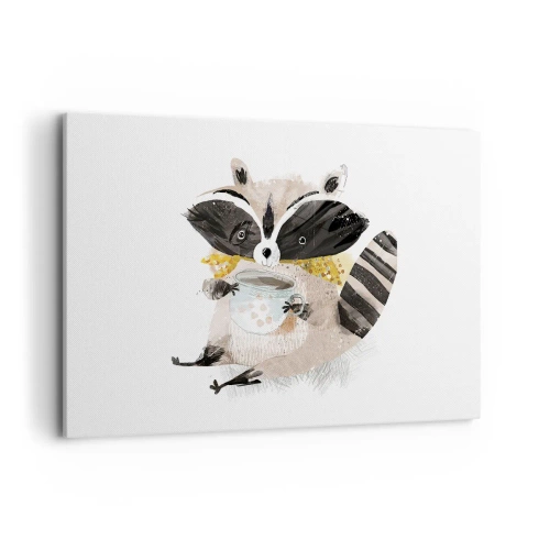 Bild auf Leinwand - Leinwandbild - Entzückender Waschbär mit einer pastellfarbenen Tasse - 120x80cm - Mein Freund der Waschbär - Moderne Wanddekoration für Wohnzimmer und Schlafzimmer ARTTOR
