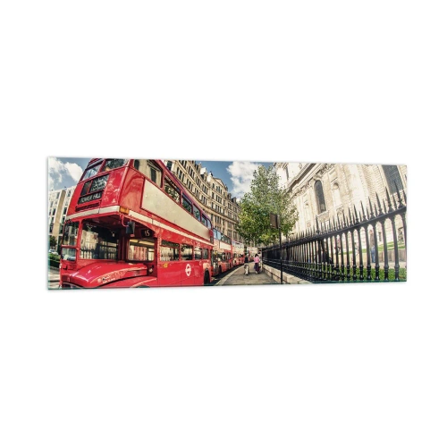 Glasbild - Bild auf glas - Roter Doppeldeckerbus in London in der Nähe der Straße und der Kathedrale - 160x50cm - Londoner Straße in Grau und Rot - Moderne Wanddekoration für Wohnzimmer und Schlafzimmer ARTTOR