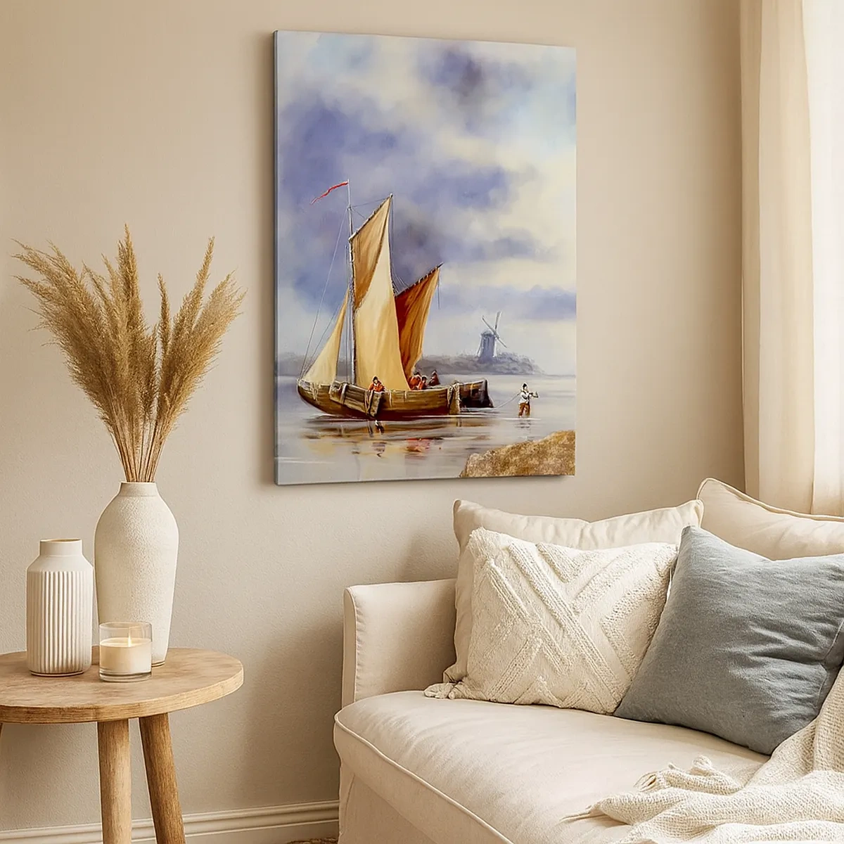 Bild auf Leinwand - Leinwandbild - Segelboote auf ruhigem Wasser mit Windmühlen im Hintergrund - 50x70cm - Die Rückkehr der Seeleute - Moderne Wanddekoration für Wohnzimmer und Schlafzimmer ARTTOR