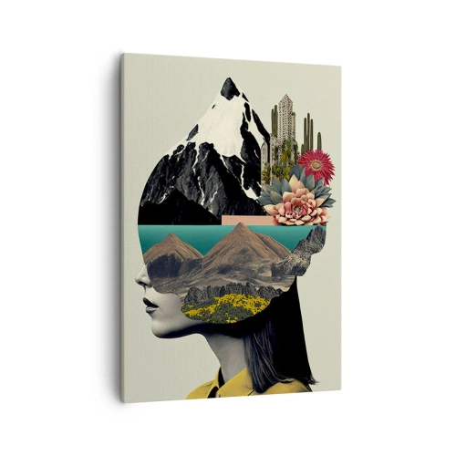 Bild auf Leinwand - Leinwandbild - Collage einer Frau mit Berglandschaft und Blumen - 50x70cm - Frau – bleibt immer ein Geheimnis - Moderne Wanddekoration für Wohnzimmer und Schlafzimmer ARTTOR