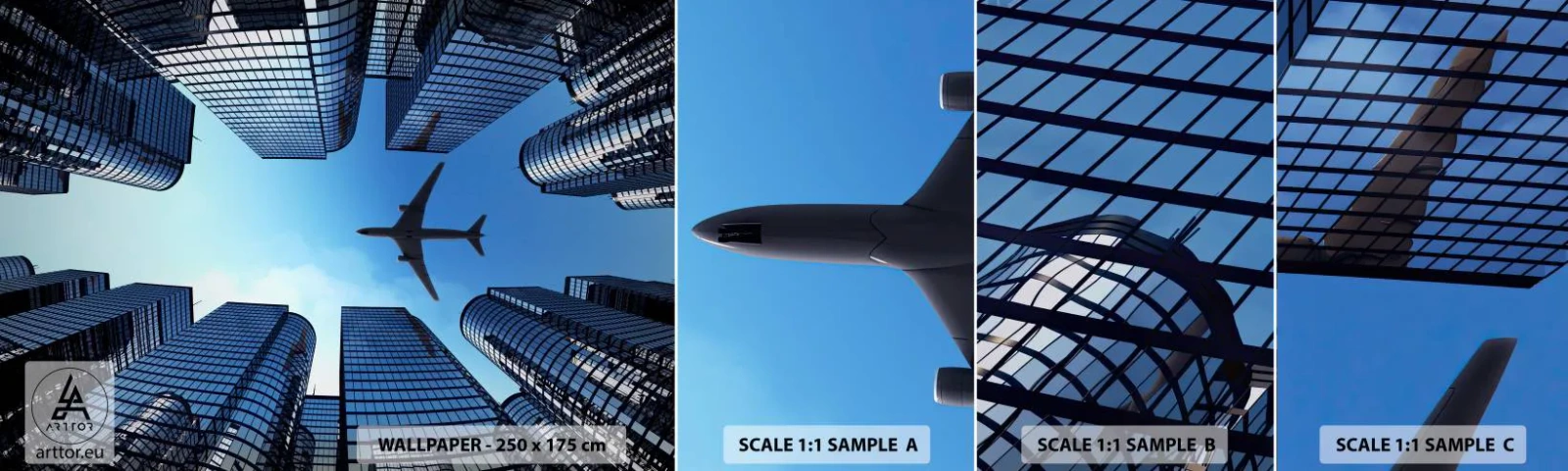 Fototapetenmuster Standard Eco - Der Blick aus der Glasschlucht - Die Architektur, Flugzeug, Stadt - 100x30 cm