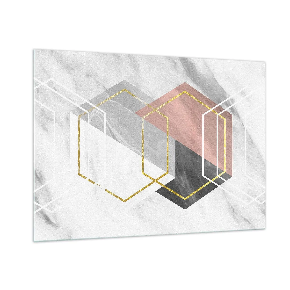 Glasbild - Bild auf glas - Goldene geometrische Formen auf Marmorhintergrund - 100x70cm - Kettenkomposition - Moderne Wanddekoration für Wohnzimmer und Schlafzimmer ARTTOR