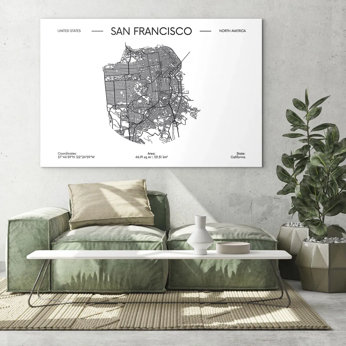 Glasbild - Bild auf glas - Ein minimalistischer Straßenplan von San Francisco - 70x50cm - Anatomie von San Francisco - Moderne Wanddekoration für Wohnzimmer und Schlafzimmer ARTTOR