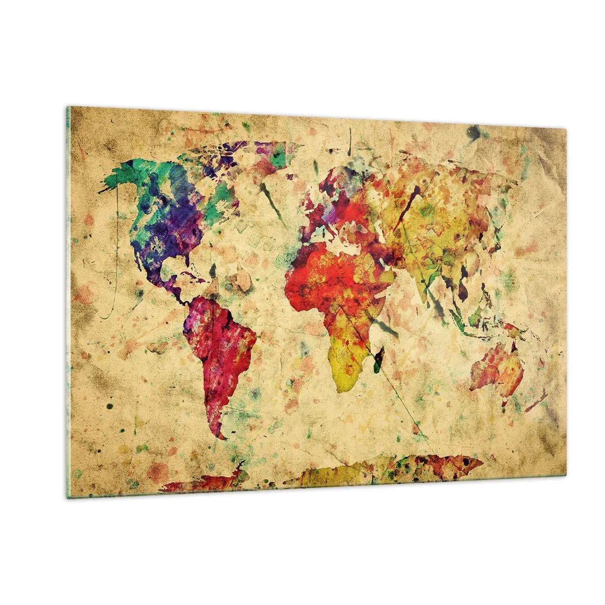 Glasbild - Bild auf glas - Bunte Weltkarte auf strukturiertem Vintage-Hintergrund - 120x80cm - Leben wie buntes Kartenpapier - Moderne Wanddekoration für Wohnzimmer und Schlafzimmer ARTTOR