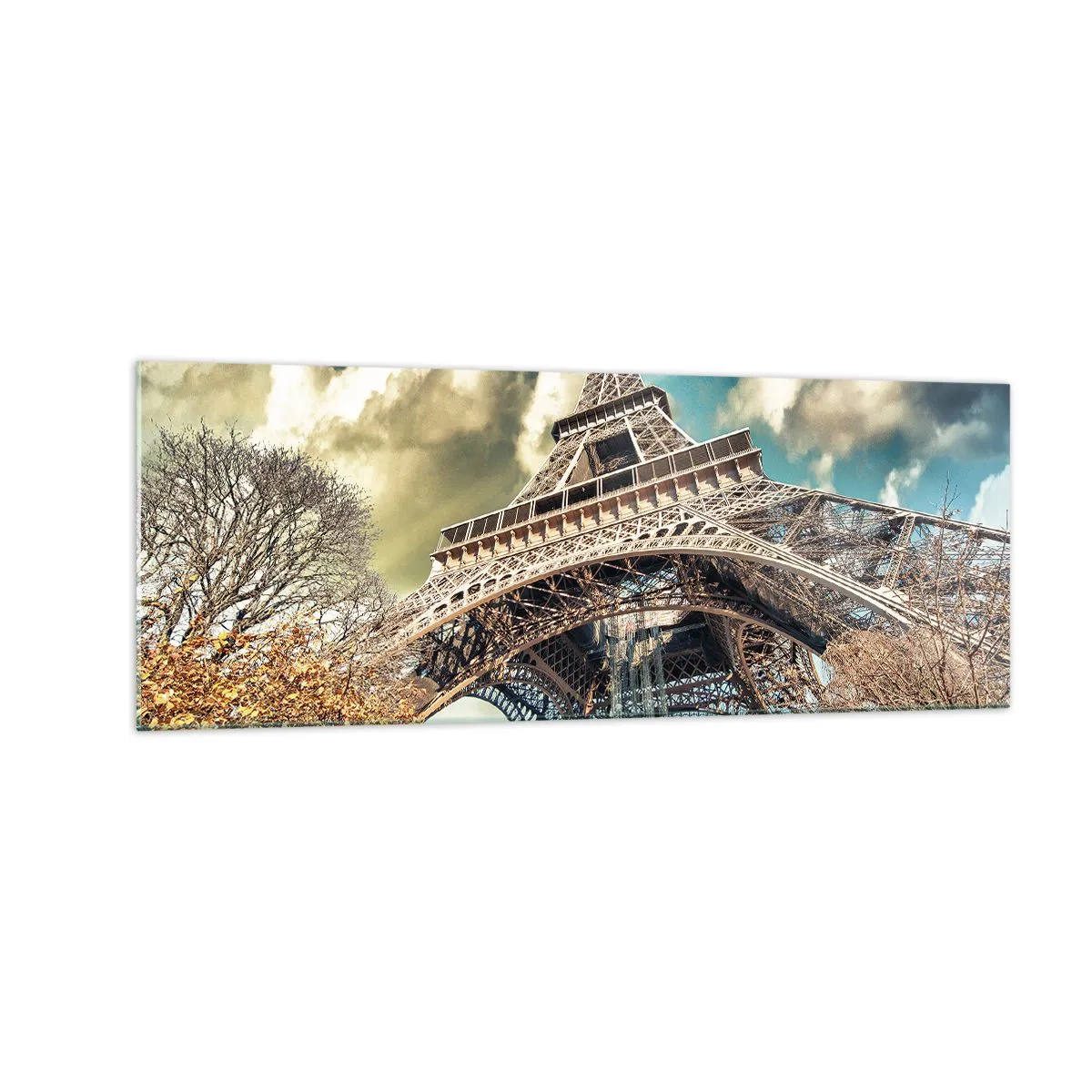 Glasbild - Bild auf glas - Der Eiffelturm von unten in herbstlicher Kulisse - 140x50cm - Und im Herbst in Paris ... - Moderne Wanddekoration für Wohnzimmer und Schlafzimmer ARTTOR