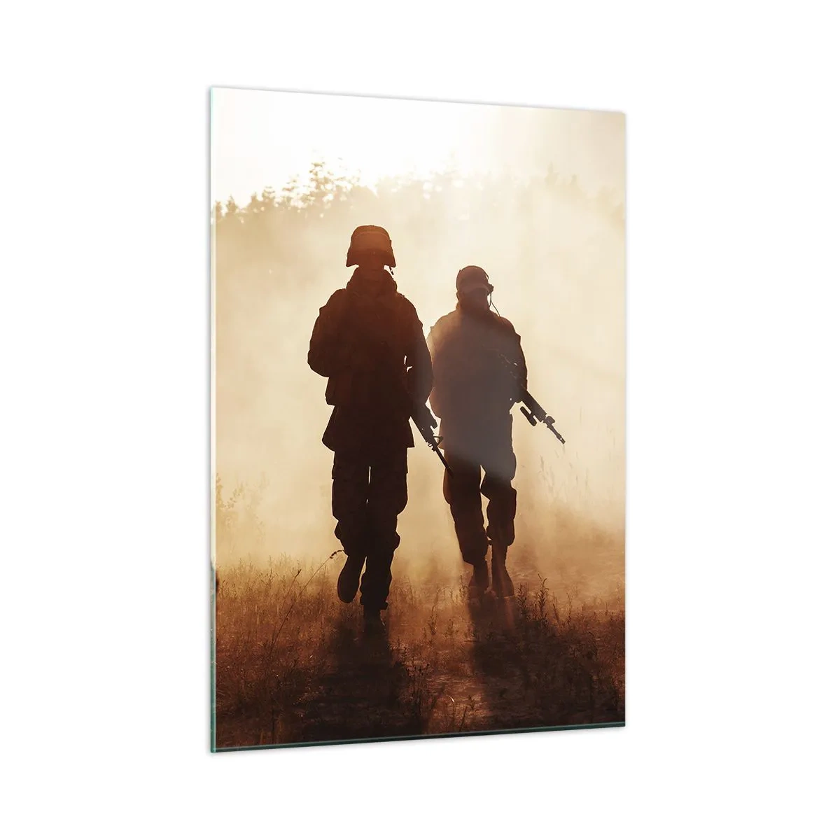 Glasbild - Bild auf glas - Zwei Soldaten im Einsatz vor der Kulisse der untergehenden Sonne - 50x70cm - Ruf der Pflicht - Moderne Wanddekoration für Wohnzimmer und Schlafzimmer ARTTOR