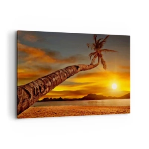 Bild auf Leinwand - Leinwandbild - Palme am Strand bei Sonnenuntergang mit Blick auf das Meer - 120x80cm - Exotischer Urlaub, karibisches Abenteuer - Moderne Wanddekoration für Wohnzimmer und Schlafzimmer ARTTOR