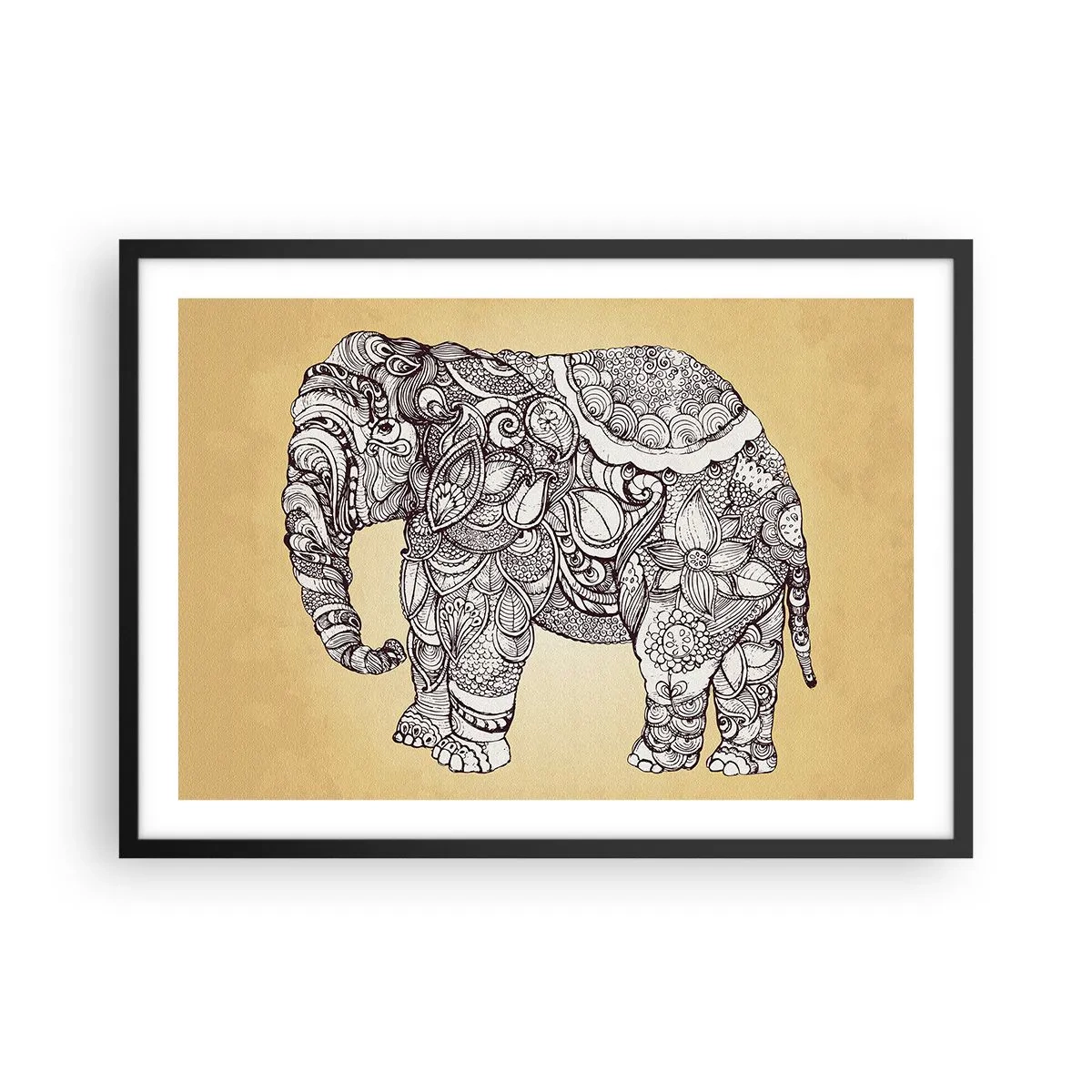 Poster in einem schwarzem Rahmen - Handgezeichneter Elefant mit kunstvollem Muster auf beigem Hintergrund - 70x50cm - Elefant verhüllte sich - Moderne Wanddekoration für Wohnzimmer und Schlafzimmer ARTTOR