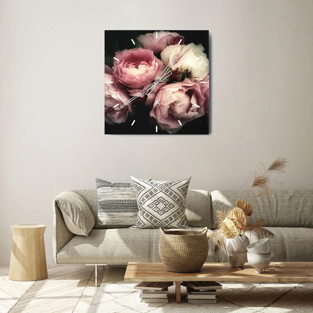 Wanduhr - Glasuhr - Ein Strauß Rosen in zarten Rosa- und Weißtönen - 30x30cm - Der Charme der Belle Epoque - Moderne Wanddekoration für Wohnzimmer und Schlafzimmer ARTTOR
