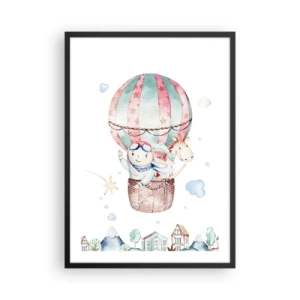 Poster in einem schwarzem Rahmen - Eine niedliche Illustration eines Teddybären, der in einem Ballon über einer Stadt fliegt - 50x70cm - Wir kommen bald zurück! - Moderne Wanddekoration für Wohnzimmer und Schlafzimmer ARTTOR