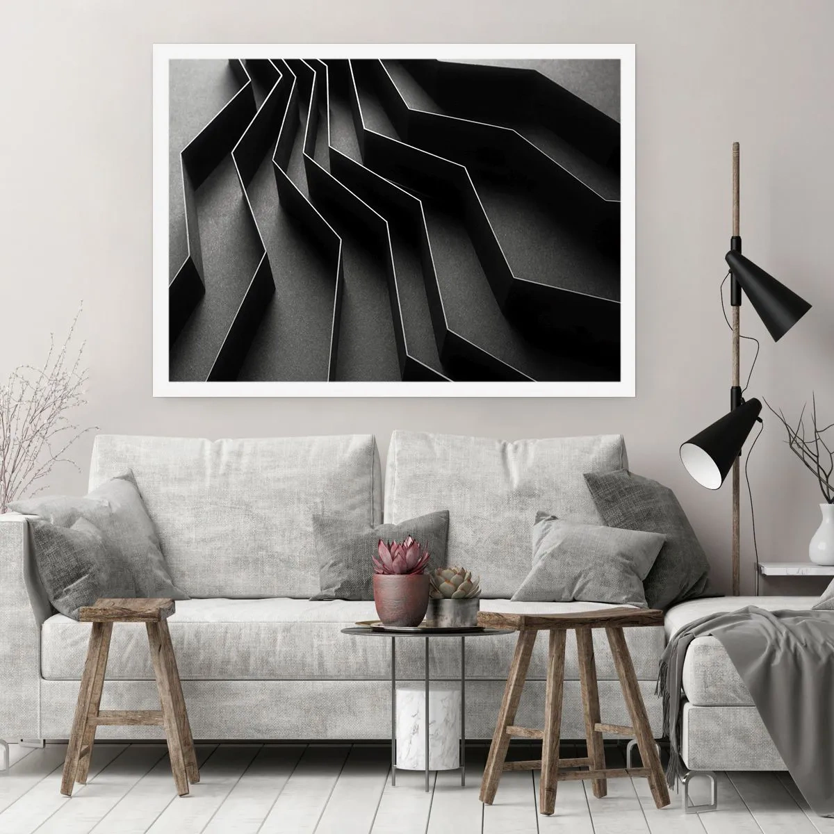 Poster - Schwarz-weiße Abstraktion mit geometrischen Strukturen - 100x70cm - Räumliche Ordnung - Moderne Wanddekoration für Wohnzimmer und Schlafzimmer ARTTOR