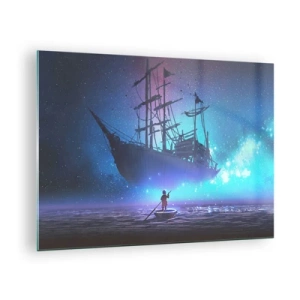 Glasbild - Bild auf glas - Ein Nachtschiff, das in einer magischen Aura über dem Wasser schwebt - 70x50cm - Begegnung mit dem Mythos des Meeres - Moderne Wanddekoration für Wohnzimmer und Schlafzimmer ARTTOR